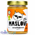 Guiltfree Maslove Arachidowe Mega Crunch w szklanym słoiku z etykietą z rysunkiem kota w okularach przeciwsłonecznych