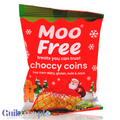 Opakowanie wegańskich czekoladowych monet Moo Free od Guiltfree z motywem świątecznym, Mikołajem i złotymi monetami.