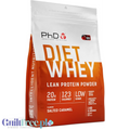 Opakowanie odżywki białkowej Guiltfree PhD Diet Whey o smaku solonego karmelu 1kg z informacją o 20g białka w porcji.