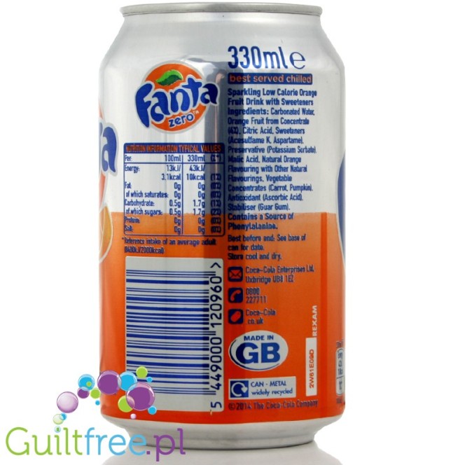 Fanta Orange Zero, sparkling low calorie orange fruit drink with sweeteners - carbonated low-calorie refreshing orange flavored 