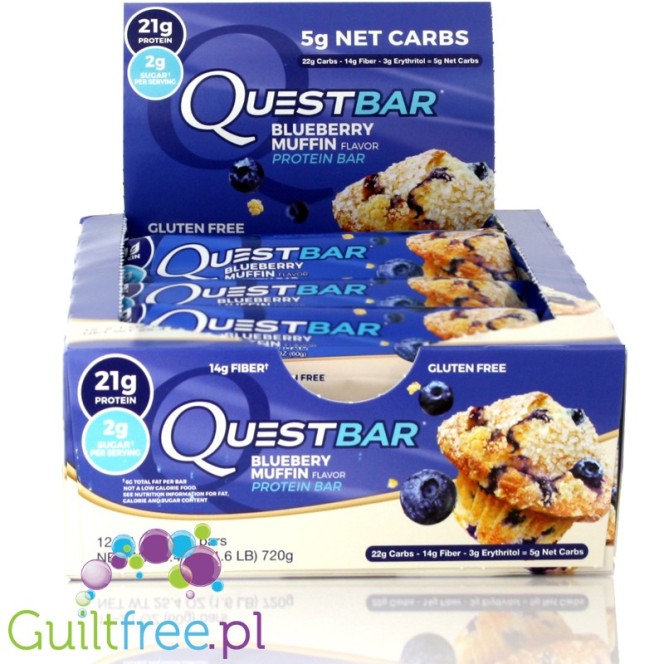 Quest Protein Bar Blueberry Muffin Flavor - High-protein bar of vanilla cupcakes with blueberries, contains sweeteners