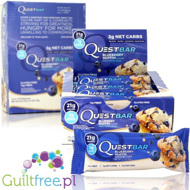 Quest Protein Bar Blueberry Muffin Flavor - High-protein bar of vanilla cupcakes with blueberries, contains sweeteners