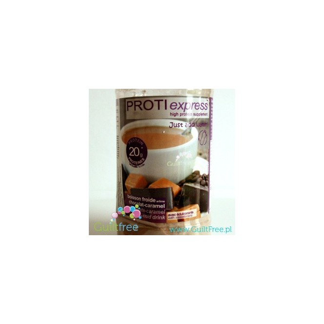 Proti Express Shake Chocolate Caramel - an instant protein smoothie with a chocolate-caramel flavor, contains sugar and sweetene