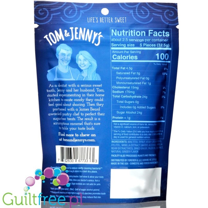 Tom & Jenny's Sugar Free Soft Caramels, Ginger 2.9 oz