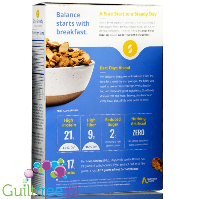Nutritious Living StaySteady Cereal, Vanilla Almond  - Breakfast cereals enriched with protein and fiber, with pecan nuts