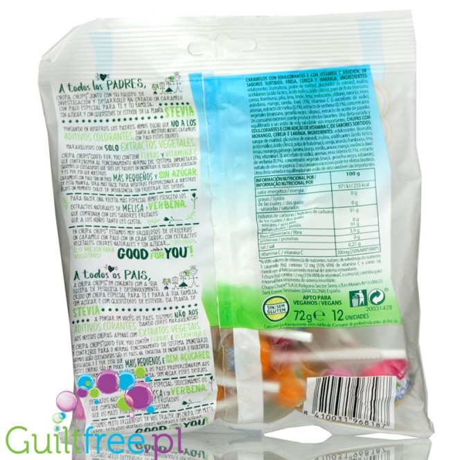 Chupa Chups Stevia Good for You - 12 sugar free lollies with stevia and herbal extracts (Cherry, Orange, Strawberry)
