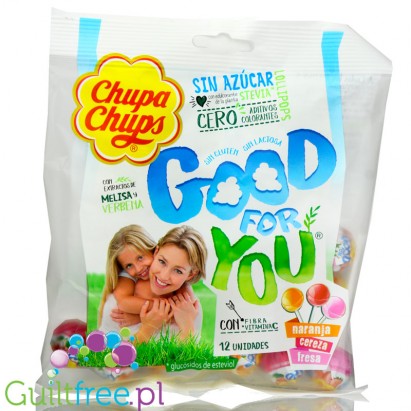 Chupa Chups Stevia Good for You - 12 lizaków bez cukru ze stewią (Truskawka, Wiśnia, Pomarańcza)