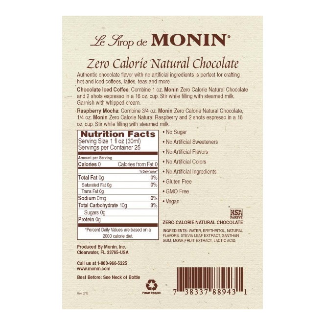 Monin Chocolate Natural - syrop zero kalorii tylko z naturalnymi słodzikami