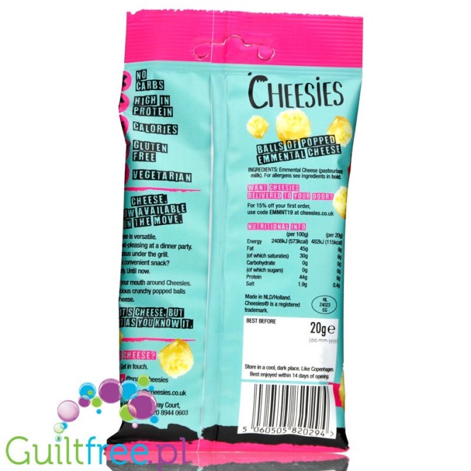 Cheesies Crunchy Popped Cheese Snack, Emmental No Carb, High Protein, Gluten Free, Vegetarian, Keto