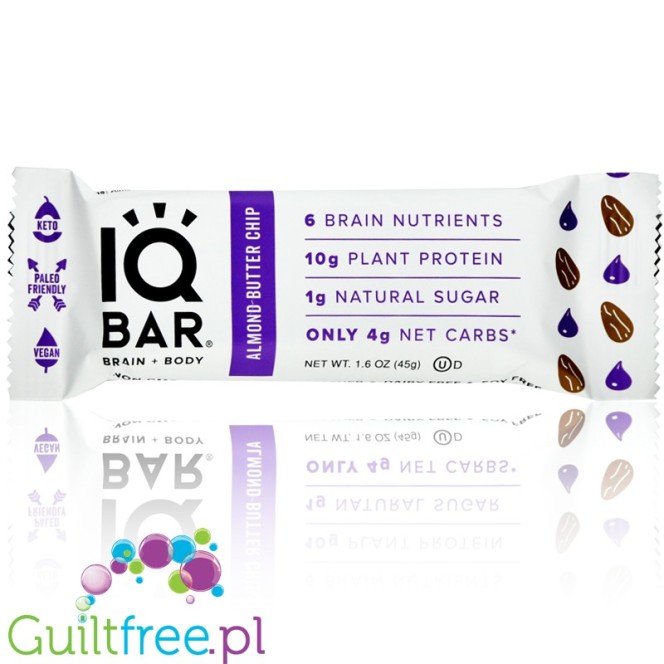 IQ Bar Almond Butter Chip Brain & Body plant protein bar with Lion's Mane, MCTs, Omega-3, flavonoids, vitamin-E and choline