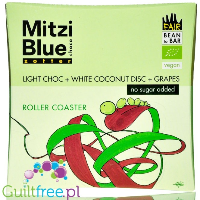 Zotter Mitzi Blue Roller Coaster wegańska dwukolorowa czekolada z rodzynkami, z erytrolem