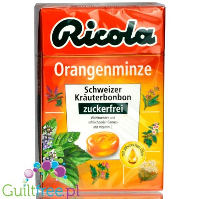 Ricola Orangenminze miętowo-pomarańczowo-ziołowe cukierki bez cukru, w pudełeczku