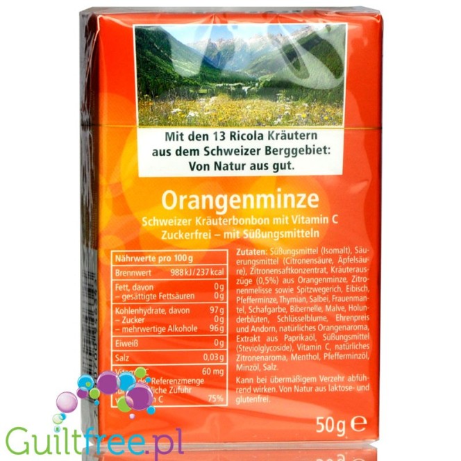 Ricola Orangenminze miętowo-pomarańczowo-ziołowe cukierki bez cukru, w pudełeczku