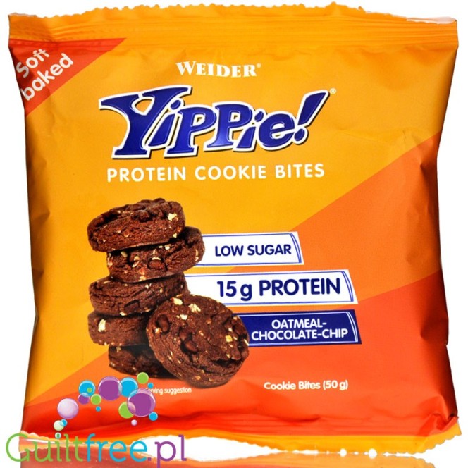 Weider® Yippie! Cookie Bites, Oatmeal Choc Chip, protein enriched crunchy cookies