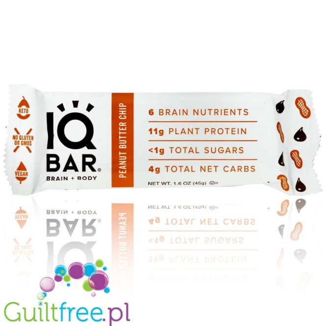 IQ Bar Peanut Butter Chip Brain & Body plant protein bar with Lion's Mane, MCTs, Omega-3, flavonoids, vitamin-E and choline