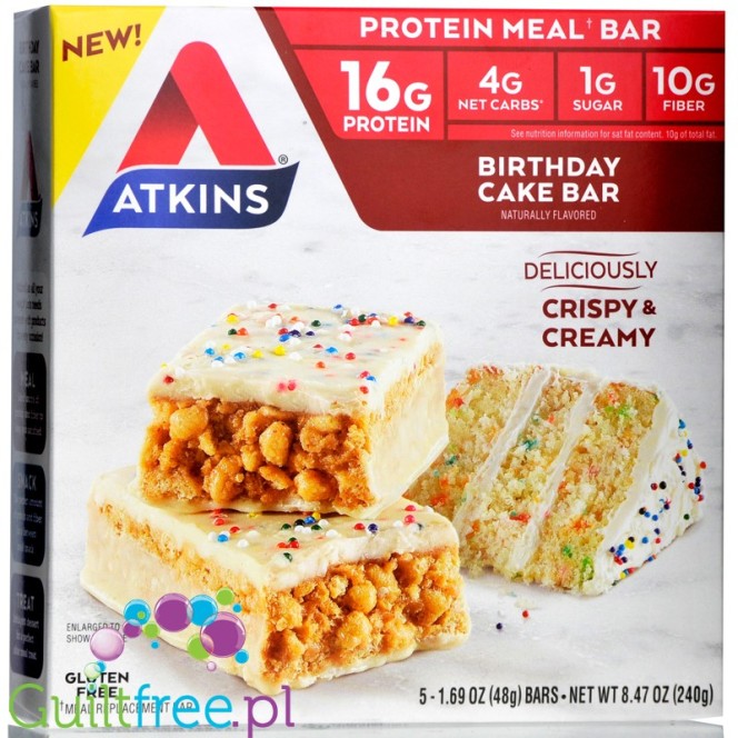 Atkins Meal Birthday Cake baton białkowy z masłem migdałowym i pekanami, pudełko x 5 batonów