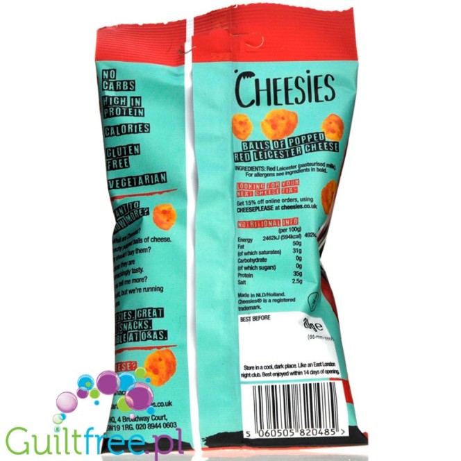 Cheesies Crunchy Popped Cheese Snack, Red Leicester No Carb, High Protein, Gluten Free, Vegetarian, Keto