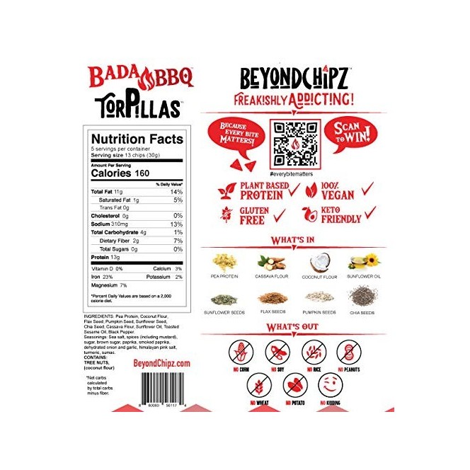 BeyondChipz Tortillas High Protein Tortilla Chips, Bada BBQ 5.3 oz