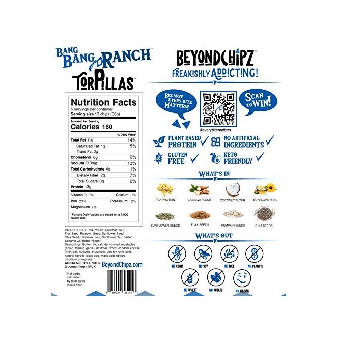 BeyondChipz Tortillas High Protein Tortilla Chips, Bang Bang Ranch 5.3 oz