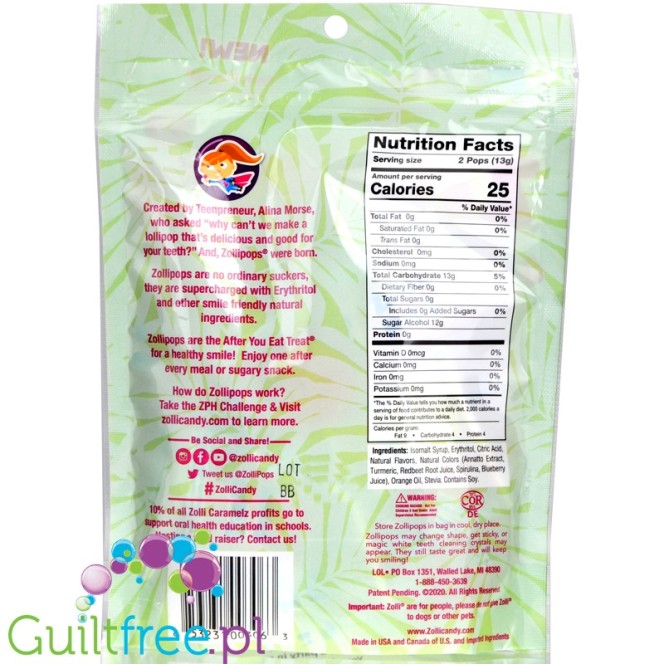 Zollipops ® Tropical Variety - lizaki bez cukru z erytrolem i stewią, 5 smaków, opakowanie 25szt