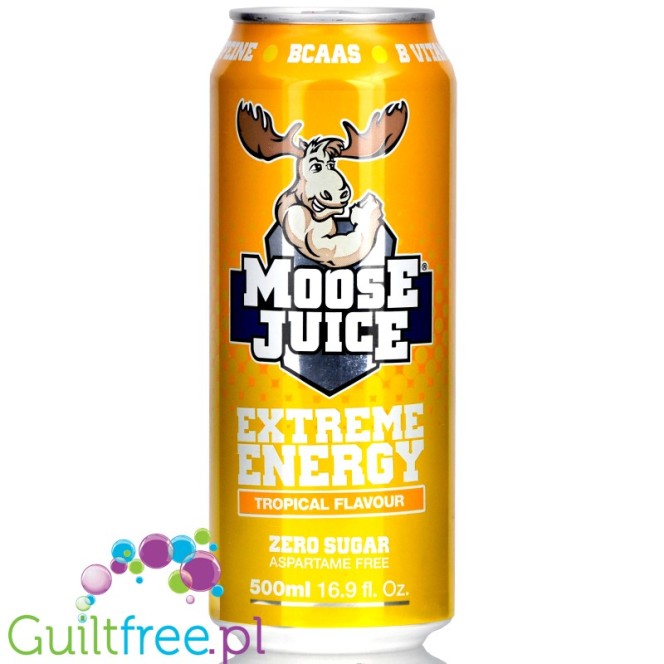Muscle Moose Juice Tropical, berry flavor carbonated energy drink with BCAA and B vitamins with sweeteners - Low-calorie