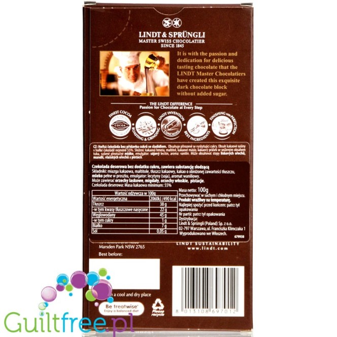 Lindt no added sugar gluten free dar chocolate 55% cocoa
