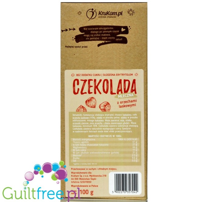 Krukam Handcrafted Milk Chocolate & Hazelnuts - sugar free dark chocolate without lecithin with hazelnuts