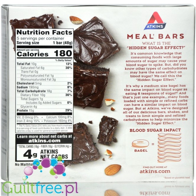 Atkins Meal Double Fudge Brownie  protein bar without maltitol, box of 5 bars