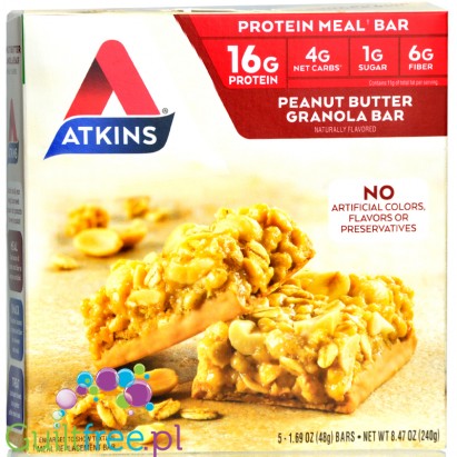 Atkins Meal Peanut Butter Granola Bar protein bar without maltitol, box of 5 bars
