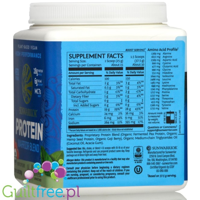 Sunwarrior Protein Warrior Blend 0,375kg, Natural - vegan protein powder with acai, goji & quinoa, sachet