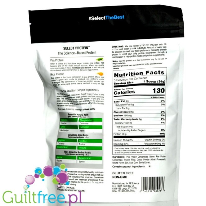 PES Select Protein Vegan, Chocolate Peanut Butter 5 serv - wegańska odżywka proteinowa bez soi i cukru, 20g białka & 130kcal