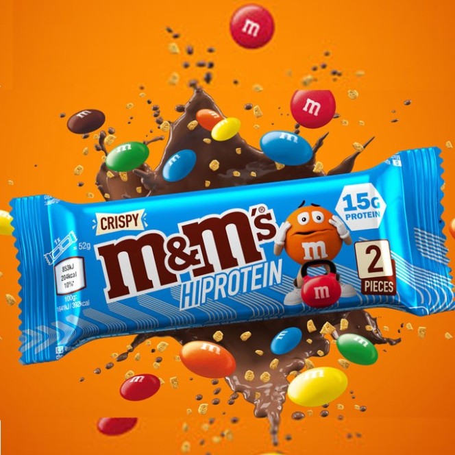 M&M's Crispy Protein Bar with mini M&Ms and rice crispies