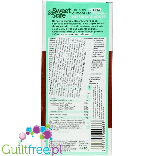 Sweet & Safe Stevia Milk Chocolate, Quinoa & Sour Cherry - milk chocolate with stevia 25% less calories