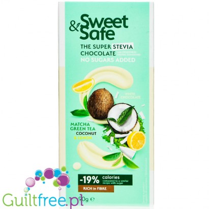 Sweet & Safe Stevia White Chocolate, Matcha, Coconut & Lemon - white chocolate without sugar with stevia, 19% less kcal