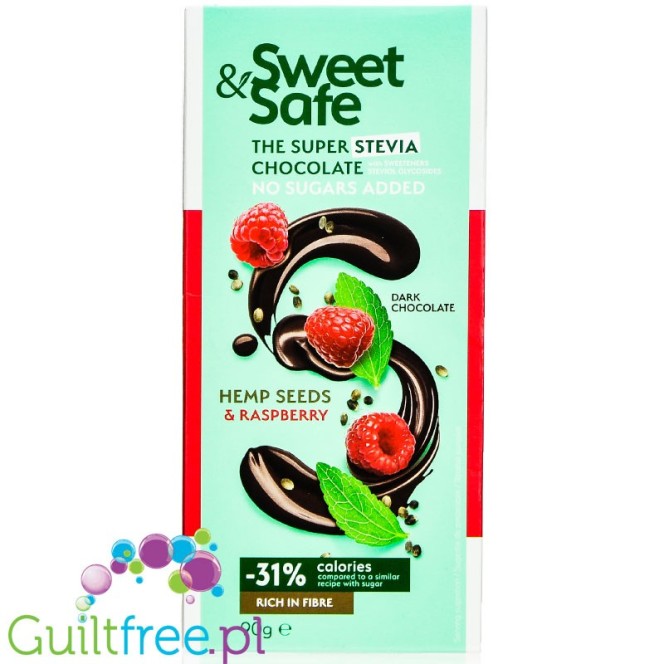 Sweet & Safe Stevia Dark Chocolate, Hemp & Raspberry - dessert chocolate without sugar, 31% less kcal, Raspberries & Hemp