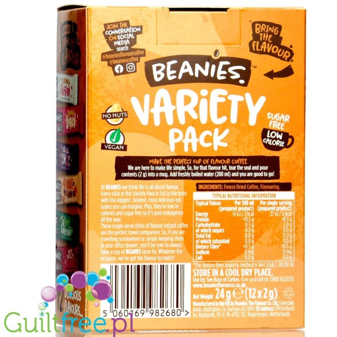 Beanies Variety Pack  - 12 różnych smaków, liofilizowana, aromatyzowana kawa instant 2kcal