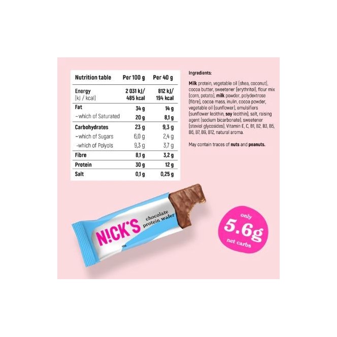 N!CK'S Nick's Protein Waffer, Milk Chocolate  - wafelek proteinowy, Mleczna Czekolada