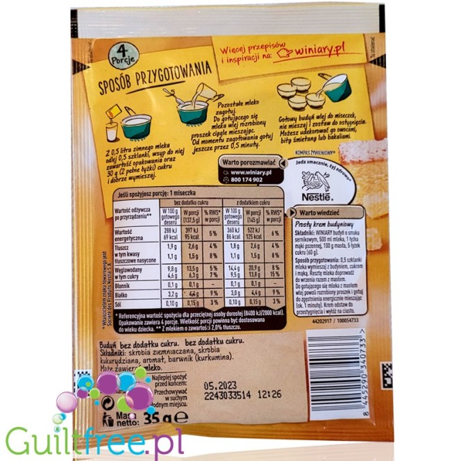 Winiary sugar free butterscotch flavored pudding without sweeteners