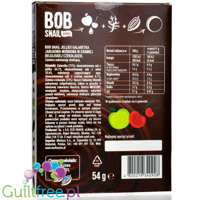 Bob Snail Choco Apple and Cherry 27g - sugar free jelly in dark chocolate with stevia