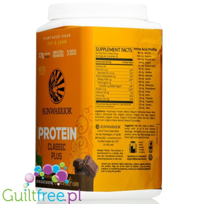 Sunwarrior Protein Classic Plus, Chocolate 075KG - organiczna wegańska odżywka białkowa z 5 superfoods