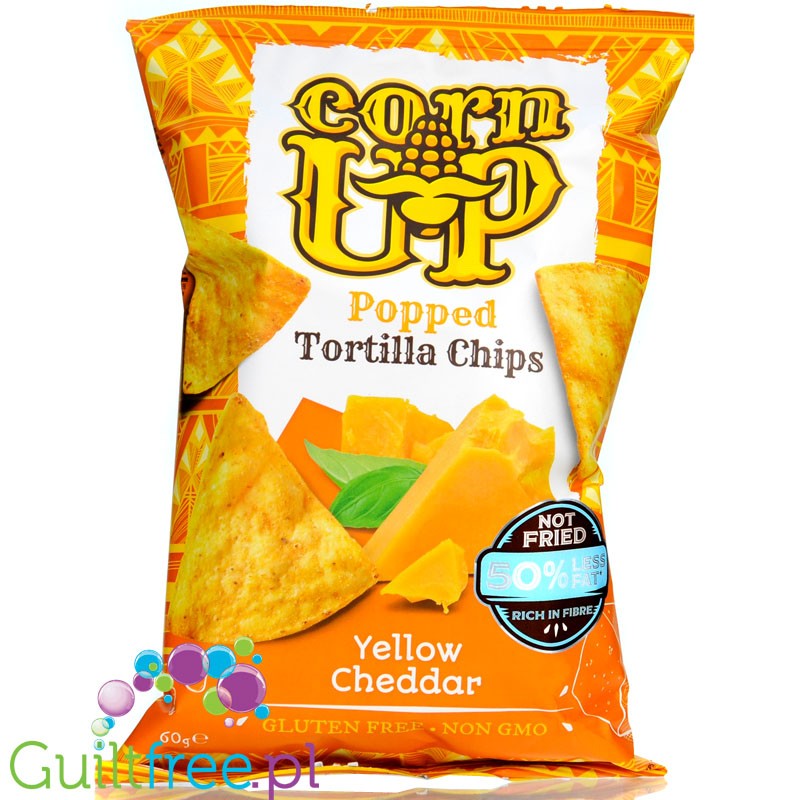 CornUp Popped Tortilla Chips Yellow Cheddar - high-fiber corn chips 50% less fat