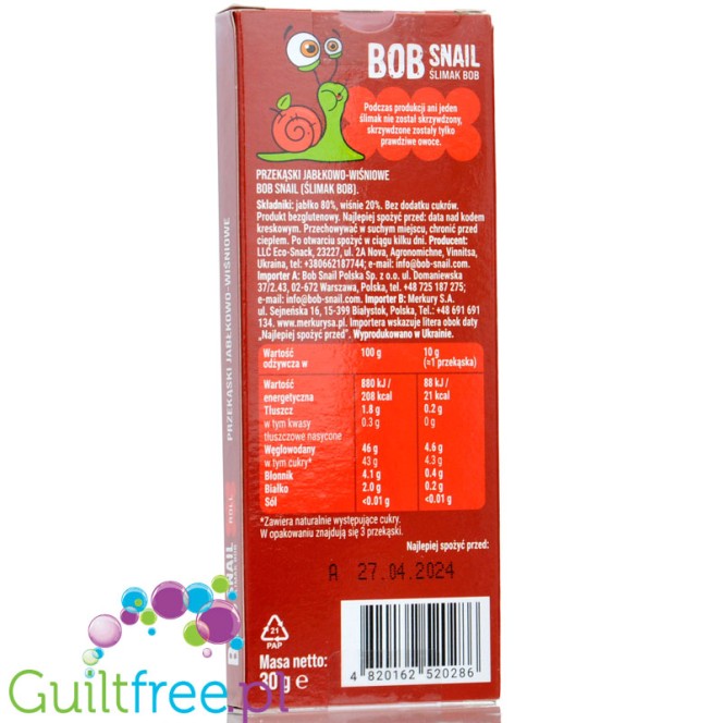 Bob Snail Roll Przekąska jabłkowo-wiśniowa z owoców bez dodatku cukru 30g