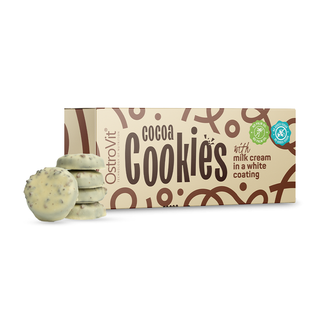 Ostrovit Cookies Milk Cream & White Coating - ciastka kakaowe z kremem mlecznym  w białej polewie bez dodatku cukru