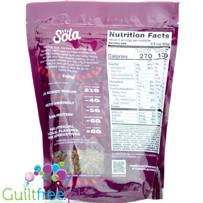 Sola Granola, Chocolate Raspberry - płatki śniadaniowe o obniżonej zawartości węglowodanów, Czekolada & Maliny