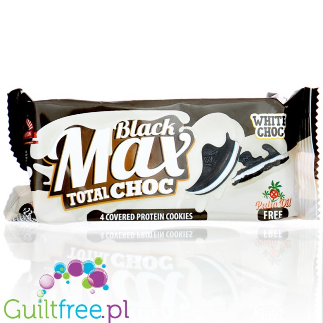 MAX Protein Black Max Cookies Total White Choc - proteinowe ciastka z mlecznym kremem w polewie czekoladowej, bez cukru