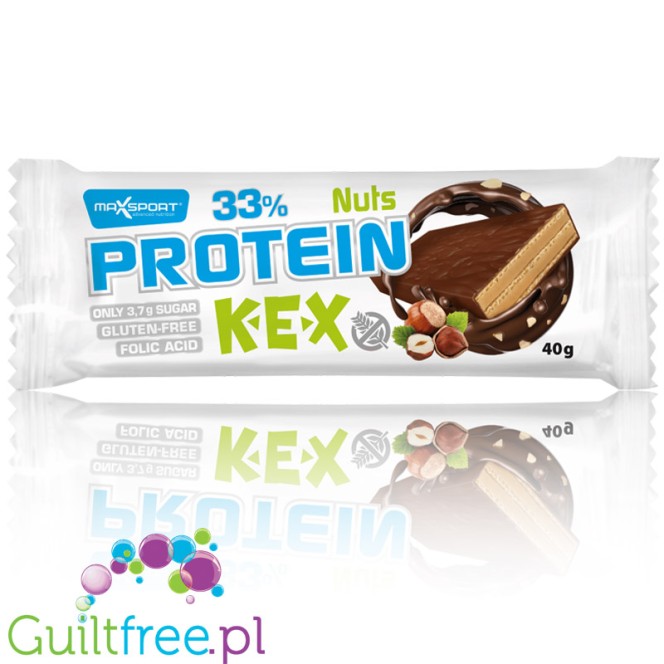 MaxSport Protein Kex Nuts - bezglutenowy wafelek proteinowy 33% białka, Kakao & Orzechy Laskowe