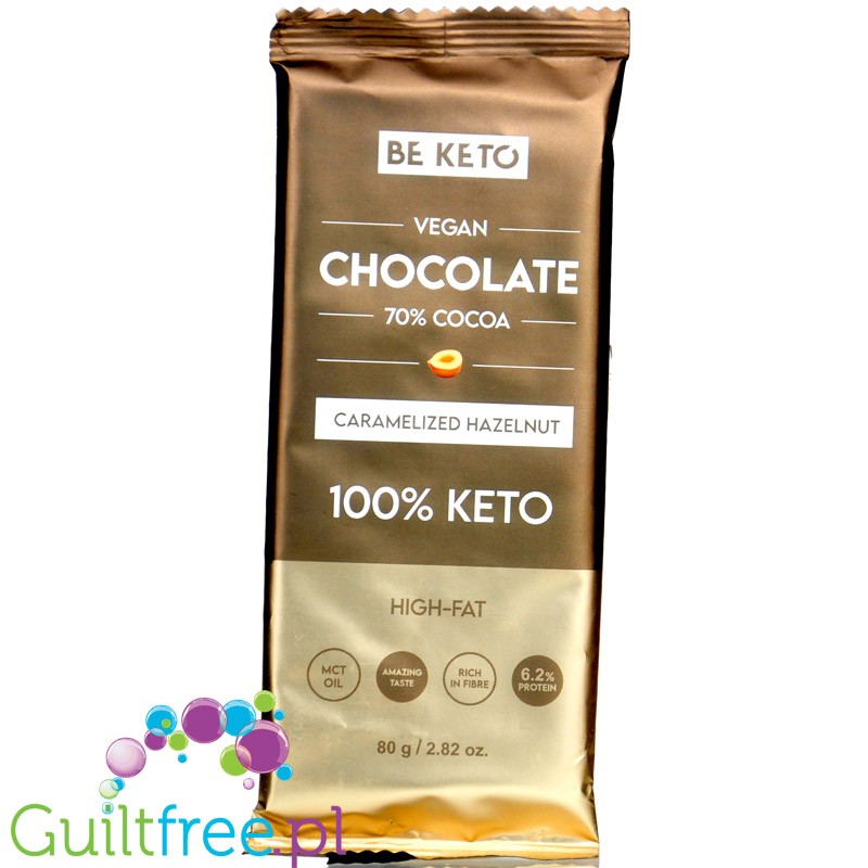 BeKeto™ 70% Cocoa Vegan Caramelized Hazelnut - wegańska ketogeniczna czekolada bez dodatku cukru z orzechami laskowymi