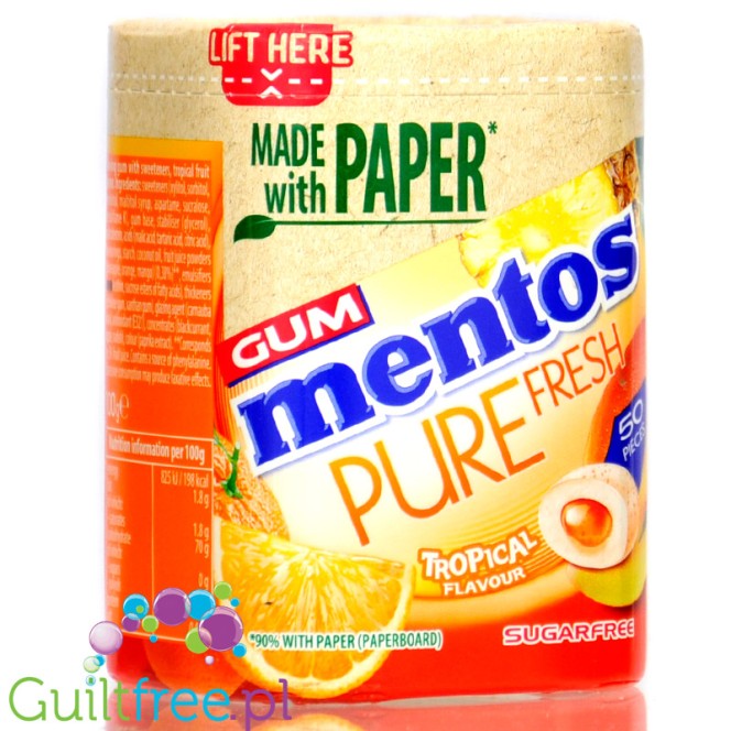 Mentos Pure Fresh Tropical - guma do żucia bez cukru o smaku owoców tropikalnych z płynnym wnętrzem