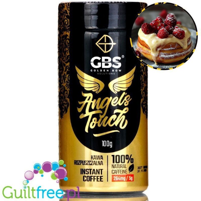 GBS Angel's Touch instant coffee with increased caffeine content, Donut with pudding and raspberries