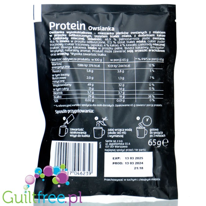 Sante Go On Protein Owsianka Mleczna Czekolada - jednoporcjowa owsianka proteinowa, 19g białka
